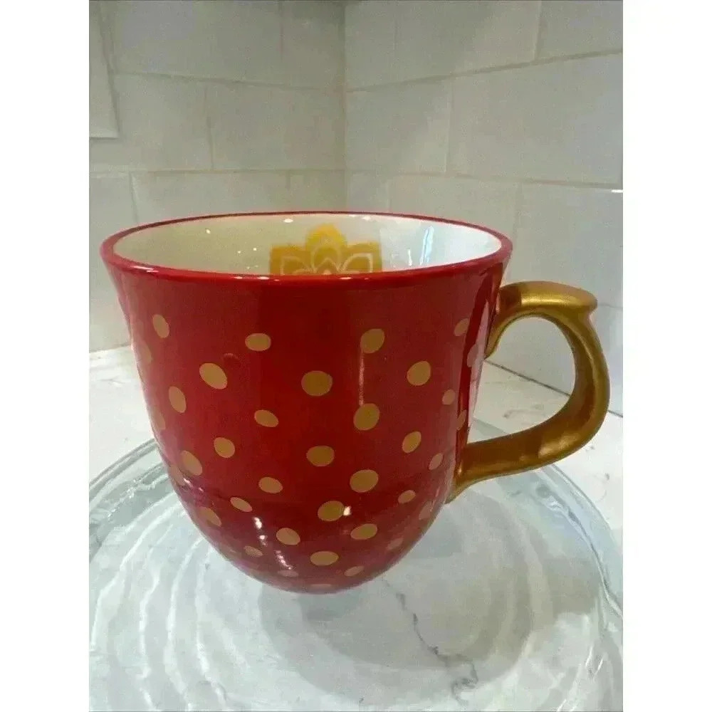 The Pioneer Woman Collection Red Gold Polka Dotted Stoneware Mug Ornate Handle